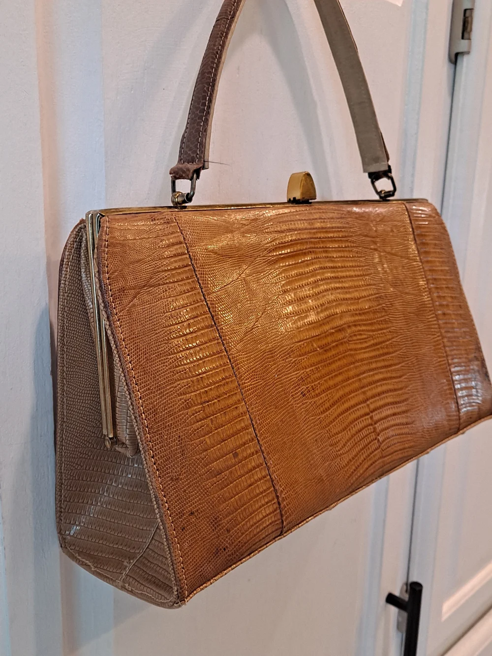 Life Stride Vintage 50s 60s Tan Lizard-Texture Leather Top-Handle Satchel
